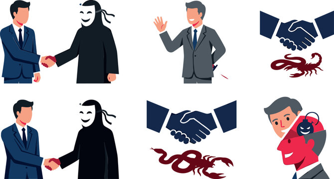 Corporate Deception and Business Betrayal Icon Set Vector Featuring Businessmen Shaking Hands with Masked Criminals Backstabbing Knives Secret Scorpion Venom and Devil Mind Elements