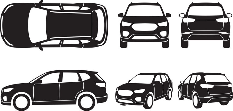 SUV car silhouette set in multiple projections for automotive design and technical vehicle visualization vector illustration