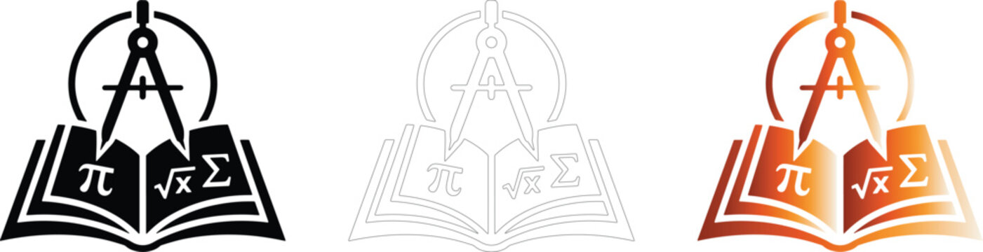 Education icons, math symbols with book and compass vector set