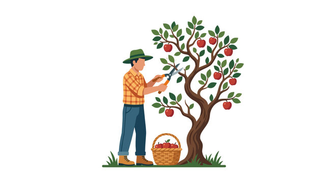 Farmer pruning organic apple tree branches with garden shears in orchard flat design vector illustration
