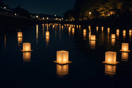 Japanese toro nagashi lantern floating on calm river water Obon summer night festival