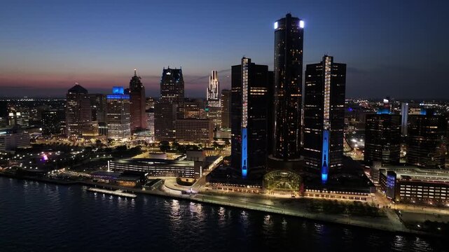 aerial view of city skyline in Detroit downtown in the night