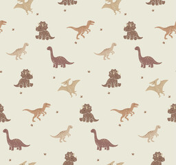 Hand drawn dinosaur pattern on cream background with scattered leaves and subtle texture creating a charming children's textile design © SA Graphic Desing