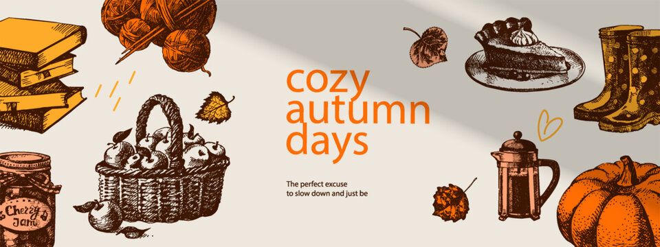 Sketch cozy autumn collage banner. Fall background. Pumpkin, knitting yarn, scarf, rubber boots, falling leaves. Hand drawn isolated vector illustration.