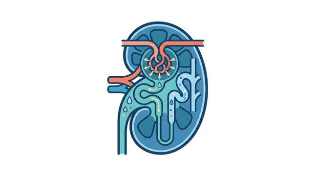 Human Kidney Anatomy Illustration with Nephron Detail.