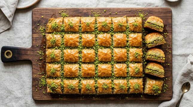 Top view of traditional Turkish baklava with pistachios on a wooden board, authentic Middle Eastern sweet phyllo pastry dessert with honey syrup.