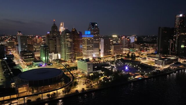 aerial view of city skyline in Detroit downtown in the night