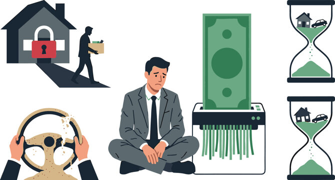 Financial Crisis and Bankruptcy Concept Icon Set Vector Featuring Evicted Homeowner Broke Businessman next to Paper Shredder Crumbling Steering Wheel and Hourglass Debt Deadlines