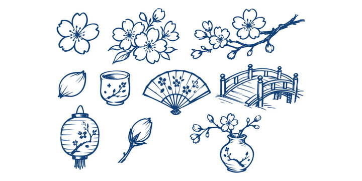 cherry blossom and sakura element japanese culture spring doodle icon set vector illustration