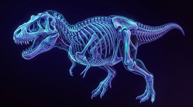Vibrant blue glowing Tyrannosaurus Rex skeleton on a dark background, detailed prehistoric dinosaur fossil illustration.