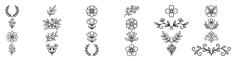 Fototapeta premium Minimalist botanical line icons collection featuring wreaths branches and floral motifs.