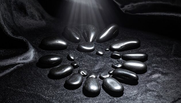 Smooth Polished Black Stones Arranged in a Serene Circular Pattern Illuminated by Gentle Light Rays