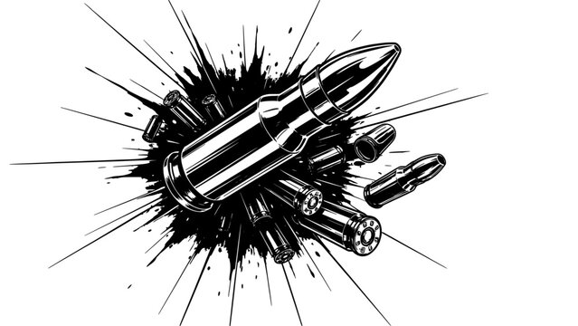 Bullet Cartridge with Shotgun Shell and Rifle Bullets, Detailed Engraved Style Graphic with Explosive Starburst Background.
