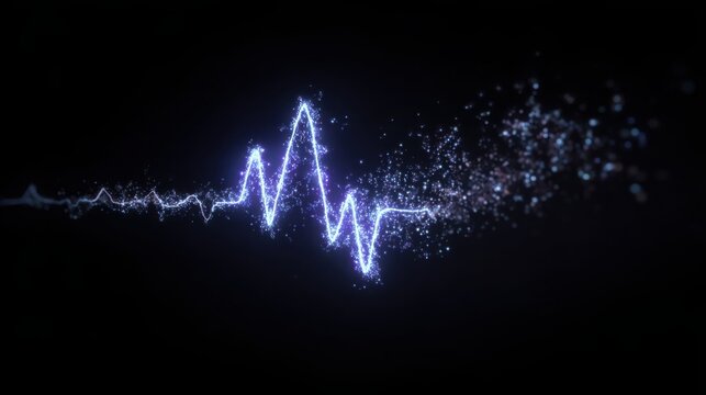 Floating neon ECG heartbeat line transforming into glowing digital particles, healthcare technology and wearable monitoring concept, minimalist dark