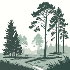 Of a serene forest landscape with tall pine trees, a winding dirt path, and lush grass in a muted green color palette © md munna
