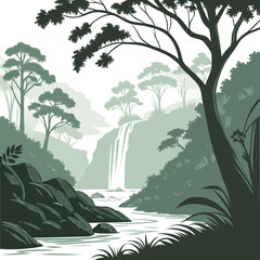 Scenic ink of a forest waterfall flowing into a river, surrounded by rocky cliffs, dense trees, and lush vegetation in green tones © md munna