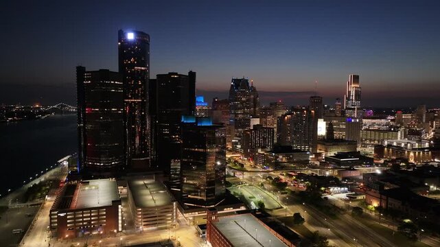 aerial view of city skyline in Detroit downtown in the night