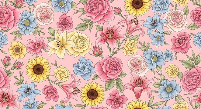 Colorful Floral Pattern with Pink Roses and Sunflowers for Fabric Design.