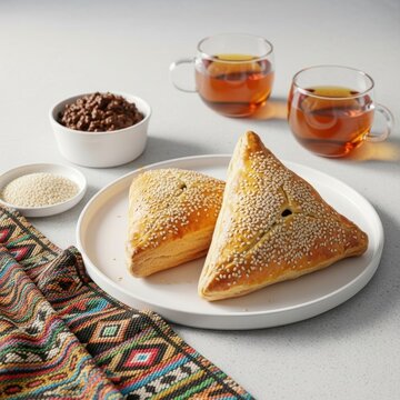 Traditional Central Asian Meat Samsa Pastries Topped with Sesame Seeds Served on a White Plate with Cups of Hot Tea and Ethnic Fabric Decoration