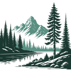 Hand drawn of a serene mountain landscape with a calm lake, dense pine forest, and tall evergreen trees under a clear sky © md munna