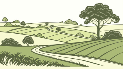 Green toned of a winding country road through rolling agricultural hills with cultivated fields, trees, and lush green vegetation © md munna