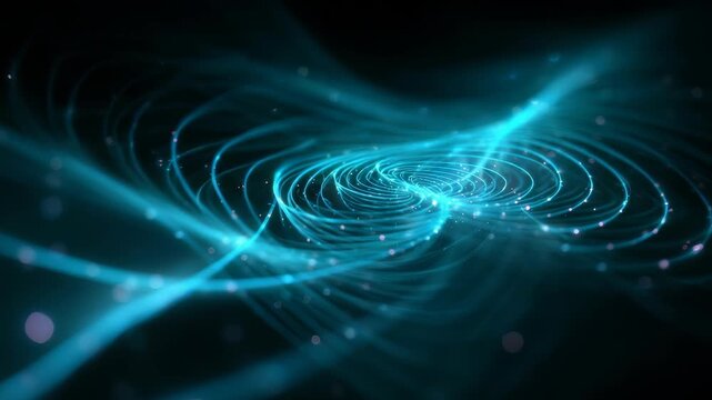 Captivating visualization swirling blue light trails, sparkling particles creates sense movement, depth. Perfect for technology, innovation, or science themed creative projects, presentations