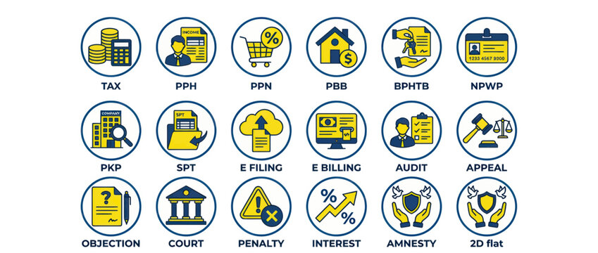 Financial tax icons set for accounting and legal compliance