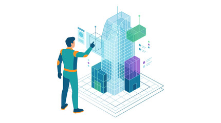 Naklejka premium Digital architect designing futuristic skyscraper using holographic interface for smart city planning flat vector illustration.