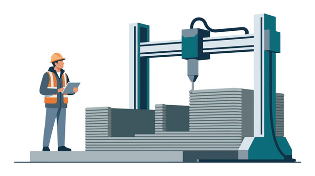 Construction supervisor monitoring large 3D concrete printer machine on industrial site flat vector illustration.