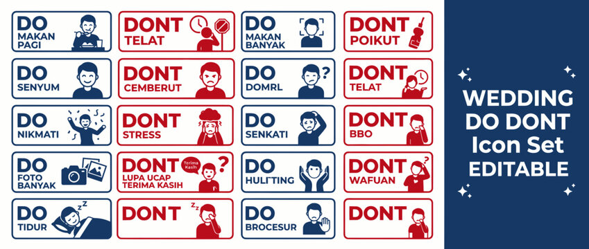 Wedding do and dont icons set for event planning etiquette