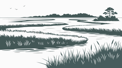 Monochrome of a winding river flowing through a grassy marshland with reeds, distant trees, and birds flying in the sky above © md munna