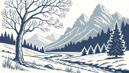 Mountain landscape with a winding river, pine forest, and a large bare tree in a stylized blue and white style © md munna