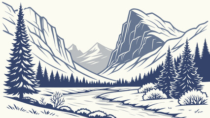 Fototapeta premium Mountain landscape with a winding river, pine forest, and snow-capped peaks in a stylized blue and white style