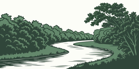 River landscape with lush green trees and foliage along the banks in a stylized green and white style © md munna