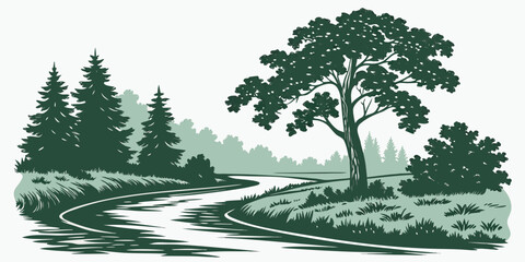 River landscape with pine trees, a large deciduous tree, and grassy banks in a stylized green and white style © md munna