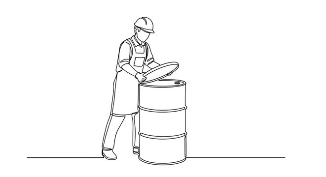 Worker inspecting industrial barrel with clipboard.