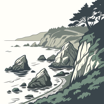 A coastal landscape featuring steep rocky cliffs and a calm sea with pine trees on the hillside in a flat style