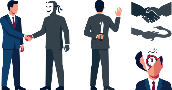 Corporate Deception and Business Betrayal Icon Set Vector Featuring Businessman Shaking Hands with Masked Criminal Backstabbing Knife and Shadow Snake Deal Elements