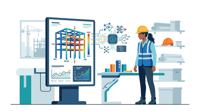 Female civil engineer analyzing building structural stress using AI simulation on digital display vector illustration.