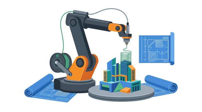 Industrial robotic arm 3D printing a miniature city model for architectural prototyping flat vector illustration