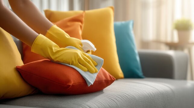 Hands in yellow gloves cleaning sofa cushions with spray bottle cloth. Person wearing rubber gloves meticulously cleans sofa cushions using spray bottle microfiber cloth for spotless home environment