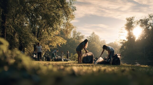 Volunteers cleaning up a park area during a sunny morning with trash bags. A group of people are collecting litter in large black bags, working together to beautify the outdoor environment