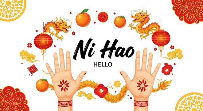 Festive Chinese New Year design with dragons, oranges, and open hands saying "Ni Hao