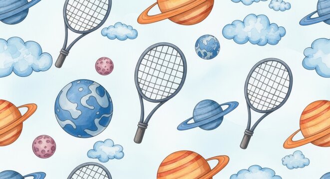Seamless Sports Pattern with Easter Eggs Blue Flowers Blue and White Balls Tennis Racket Badminton Shuttlecock Football Baseball Vector Illustration Background Design