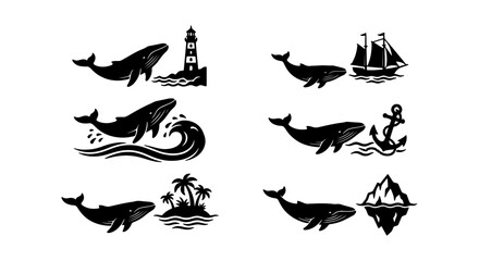 Fototapeta premium Whale Nautical Vector Icons, Ocean Sea Life, Marine Adventure, Lighthouse, Sailboat, Anchor, Island, Iceberg