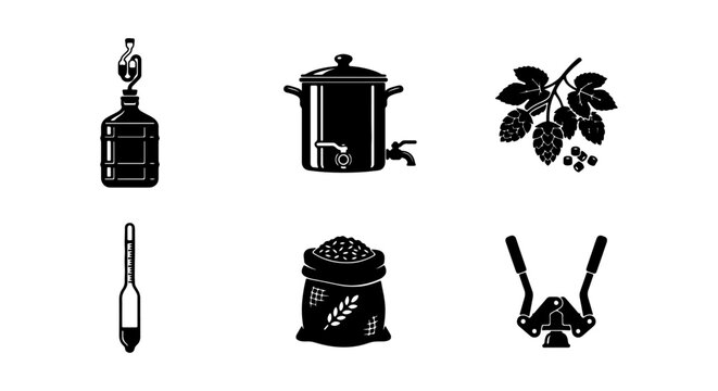 Home Brewing Equipment Icons: Fermenter, Hydrometer, Grains, Capper, Ingredients