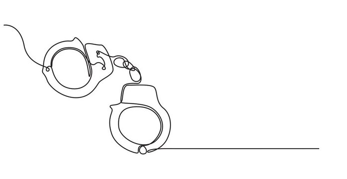 Continuous one line handcuff handcuffs crime criminal drawing police single. Handcuff one line art justice hand jail handcuffed arrest stroke prisoner law lawyer prison person vector illustration. HD