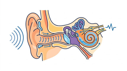 Detailed diagram of the human ear anatomy showing sound wave transmission. © delon