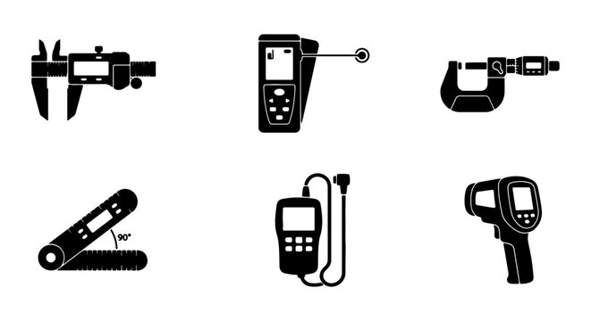 Precision Measuring Tools Icons Set: Caliper, Micrometer, Thermometer, Gauge, Digital Instruments