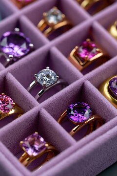 Assorted purple and pink gem rings in a pink velvet compartment tray for catalog background and elegant jewelry display